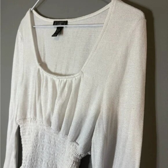 Revamped size M Women's White Smocked Top, long sleeve, ruched waist - Picture 5 of 7